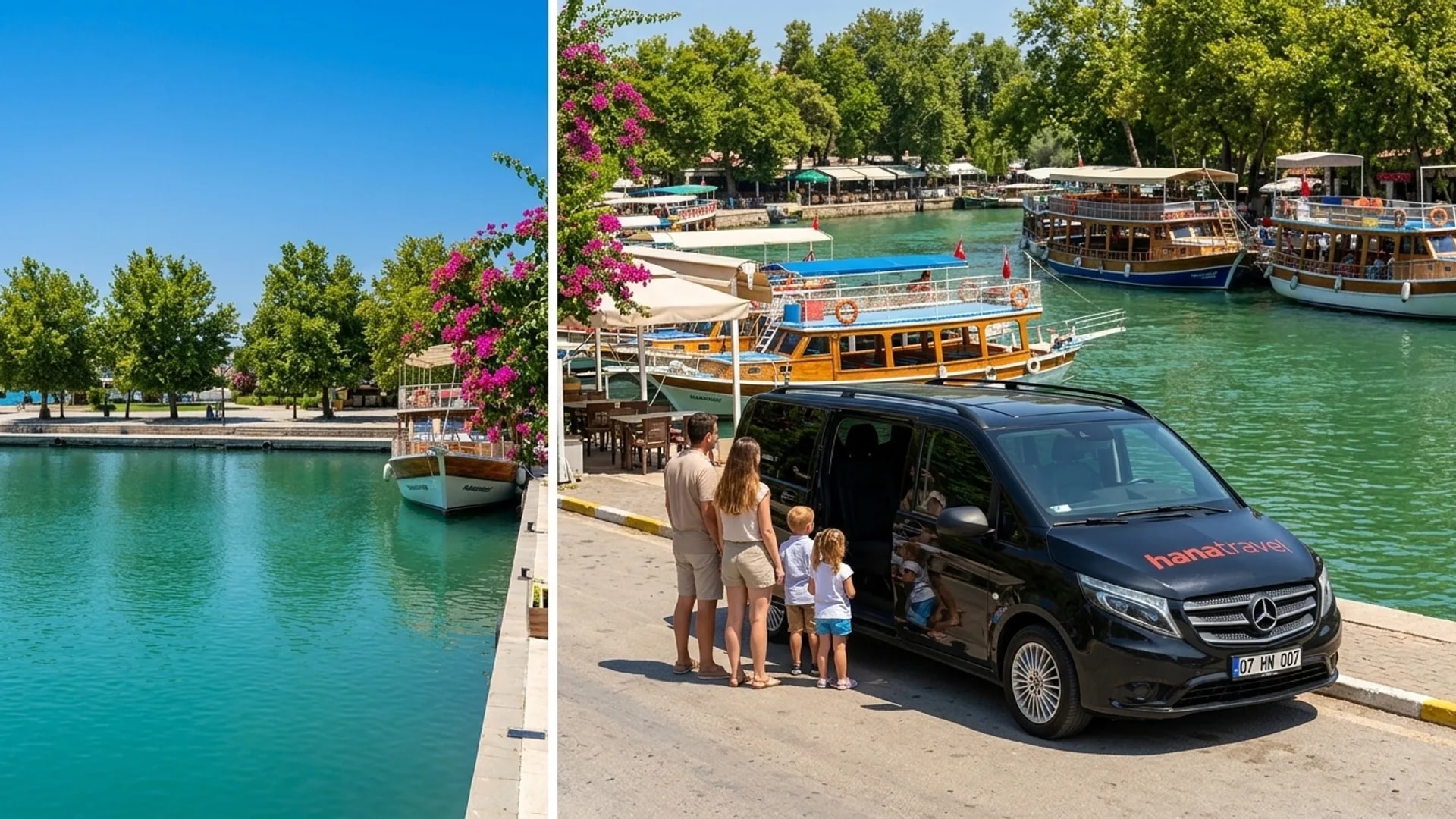 Riverboats and market days in Manavgat Family beside the black Hana Travel Vito on the bank of the green Manavgat river, colourful excursion boats moored along the quay — Manavgat transfer