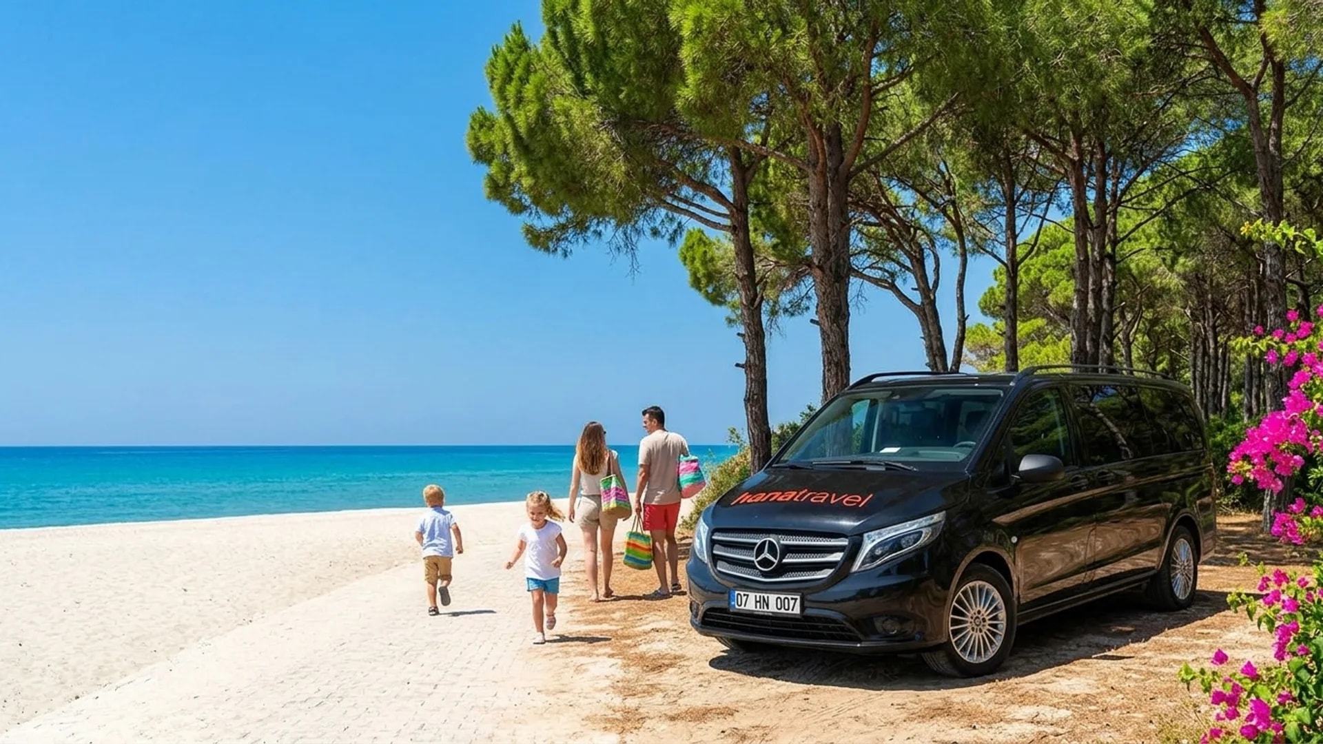 Pine shade all the way to the sand Children running towards the sandy beach of Sorgun through tall pine trees while parents walk from the black Hana Travel Vito — Sorgun transfer